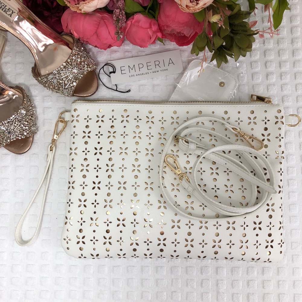 EMPERIA Clutch White & Gold Eyelet Zip 12.5” x 9”
